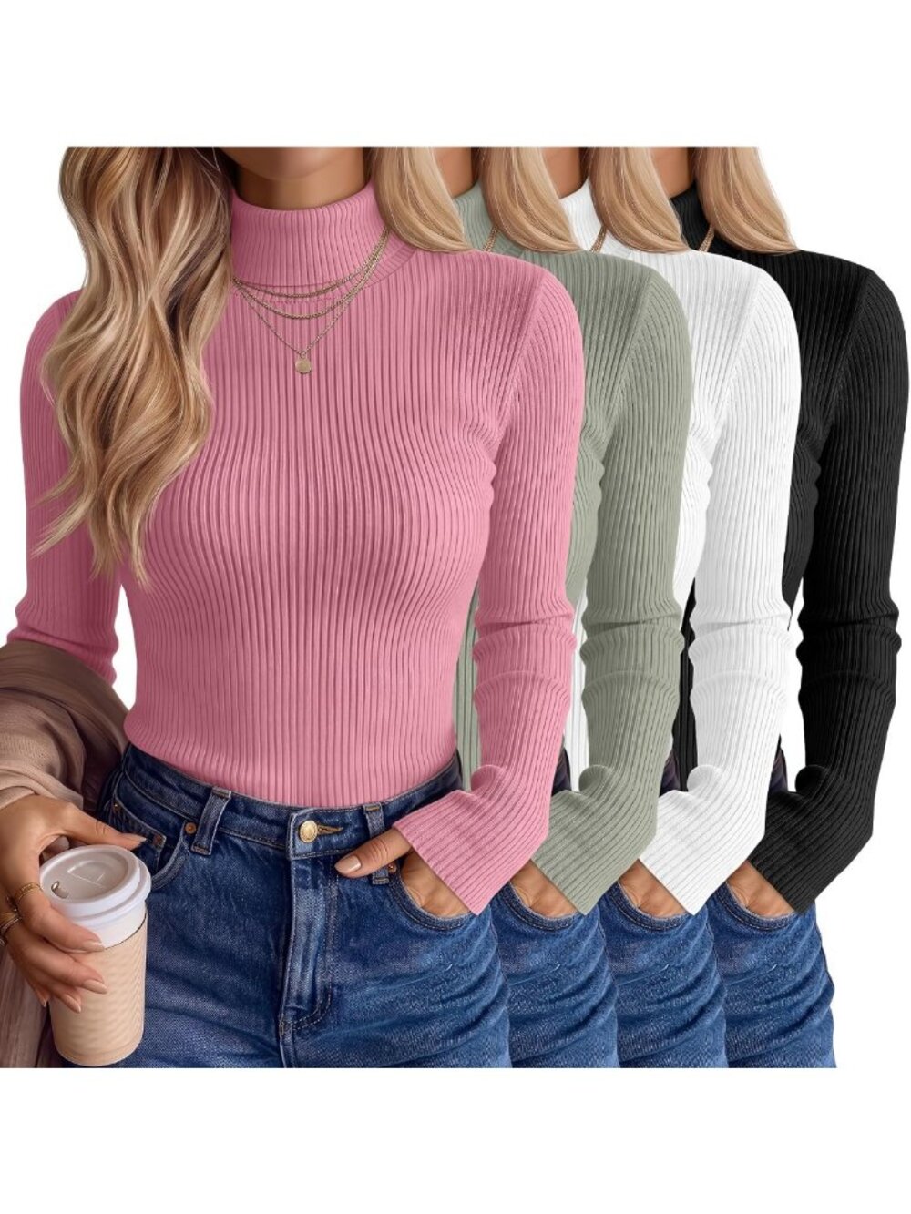 4 Pack Women's Long Sleeve Turtleneck Ribbed Tops - Versatile Casual Wear